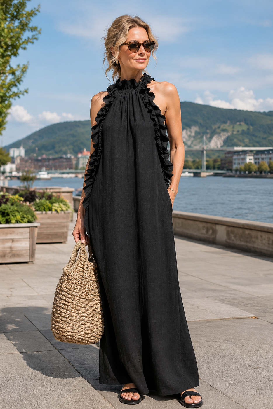 MAISON CHÉRIE | Vestido maxi mujer sin mangas con volantes y bolsillos