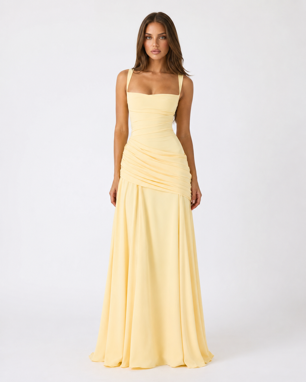MAISON CHÉRIE | Vestido maxi mujer con escote cuadrado y drapeado lateral