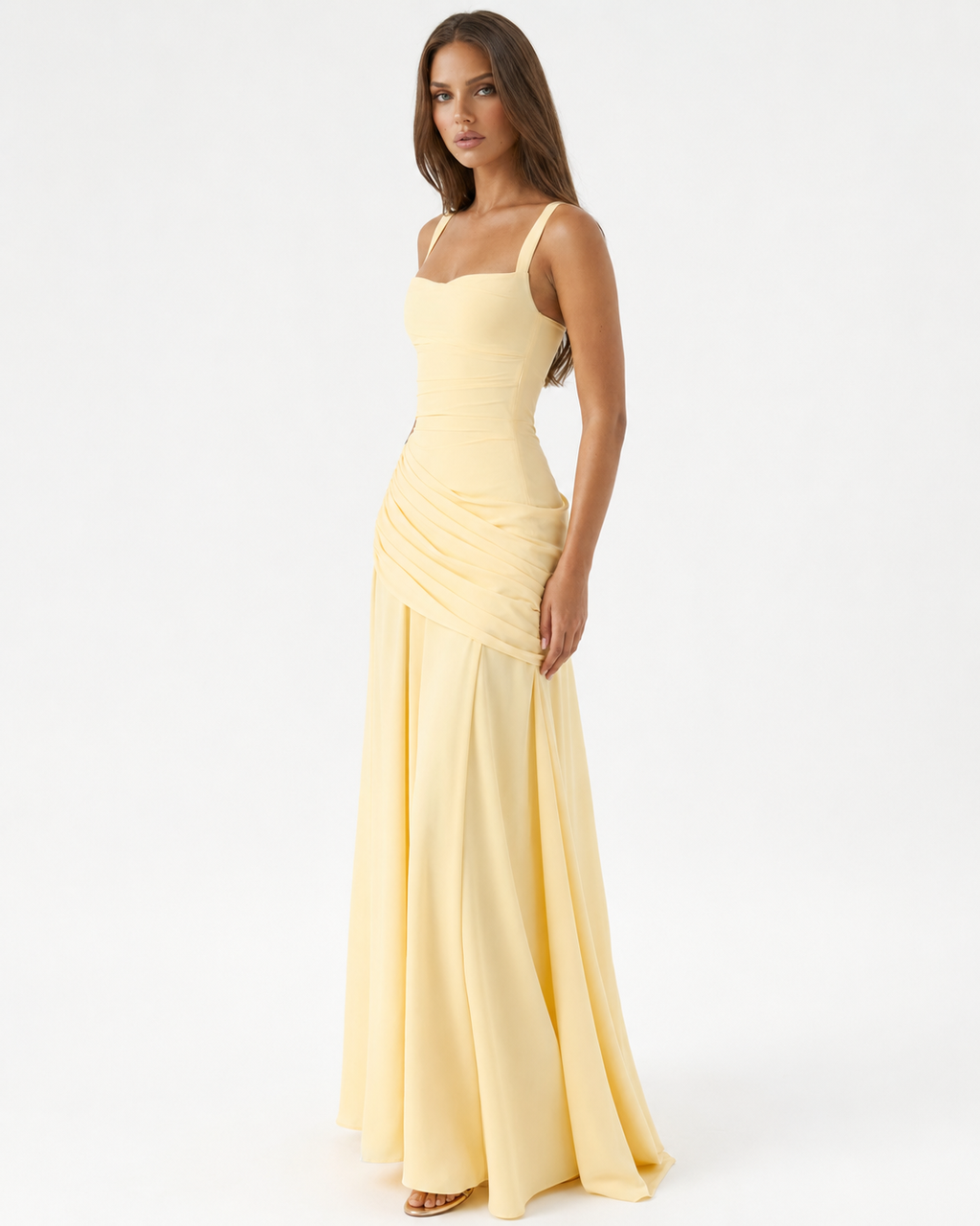 MAISON CHÉRIE | Vestido maxi mujer con escote cuadrado y drapeado lateral
