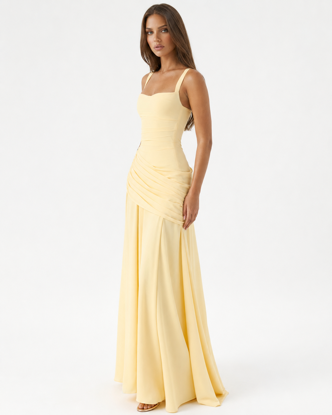MAISON CHÉRIE | Vestido maxi mujer con escote cuadrado y drapeado lateral