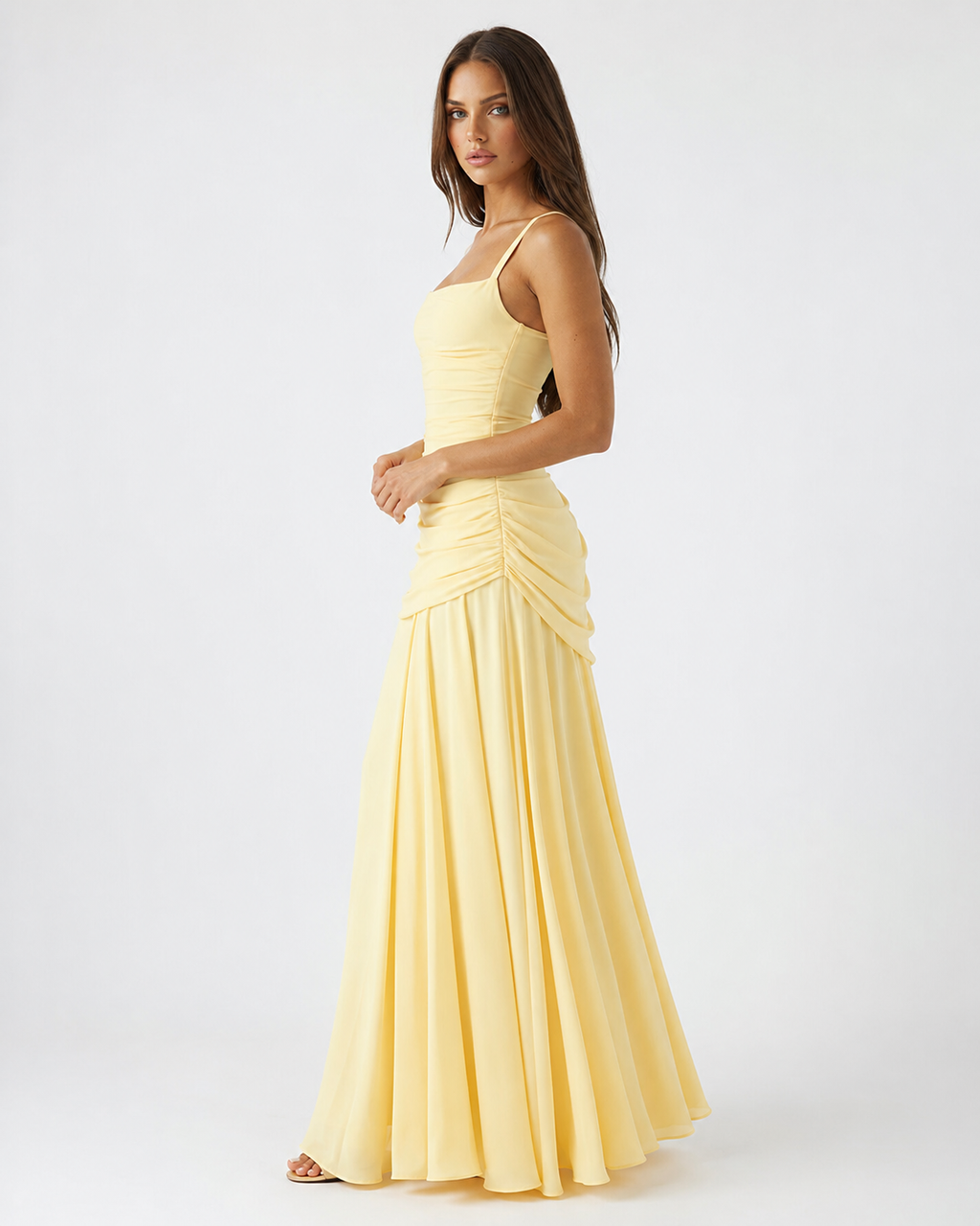 MAISON CHÉRIE | Vestido maxi mujer con escote cuadrado y drapeado lateral