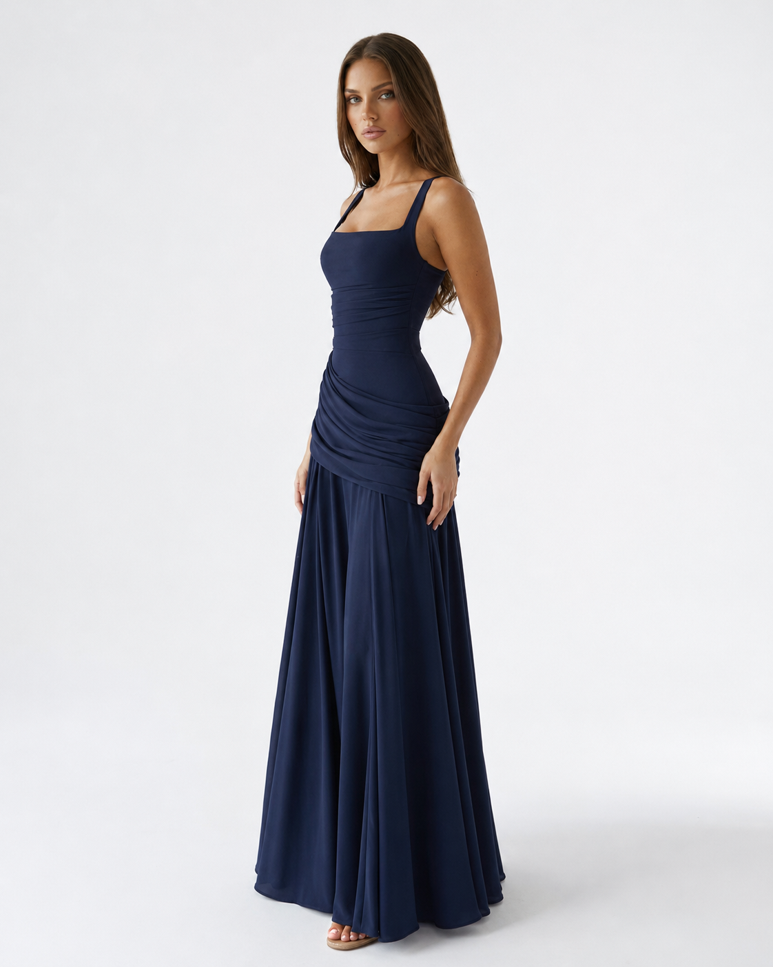 MAISON CHÉRIE | Vestido maxi mujer con escote cuadrado y drapeado lateral