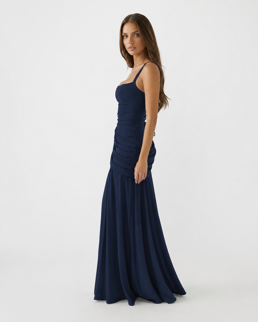MAISON CHÉRIE | Vestido maxi mujer con escote cuadrado y drapeado lateral