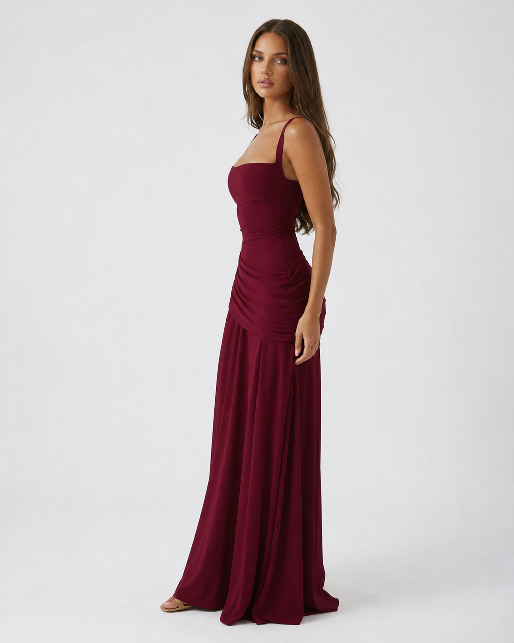 MAISON CHÉRIE | Vestido maxi mujer con escote cuadrado y drapeado lateral