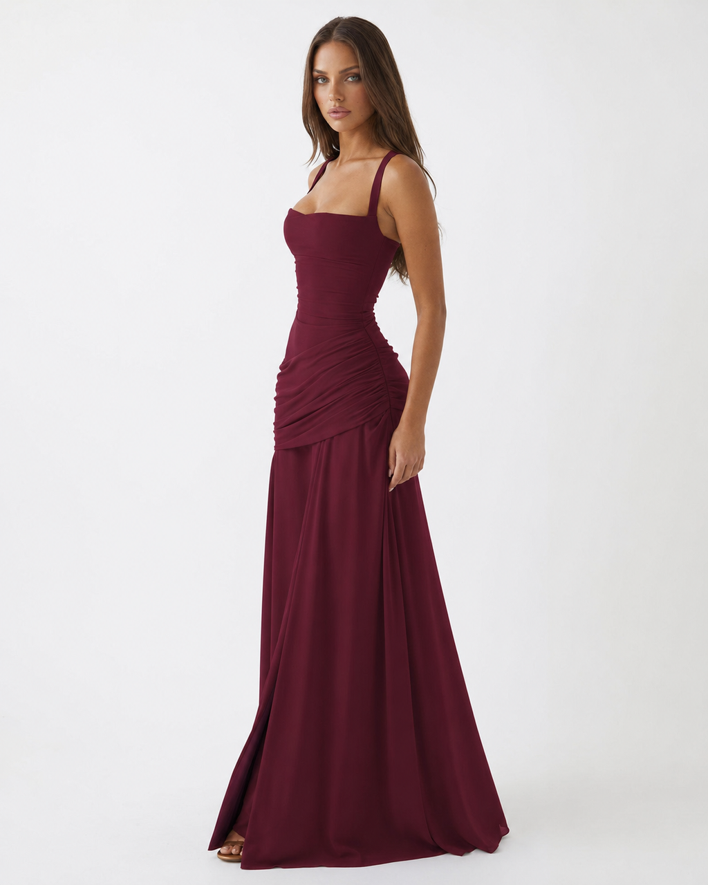 MAISON CHÉRIE | Vestido maxi mujer con escote cuadrado y drapeado lateral