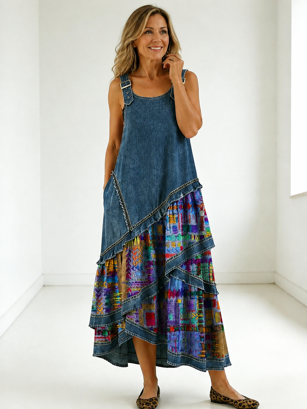 MAISON CHÉRIE | Vestido bohemio mujer con patchwork denim y estampado floral