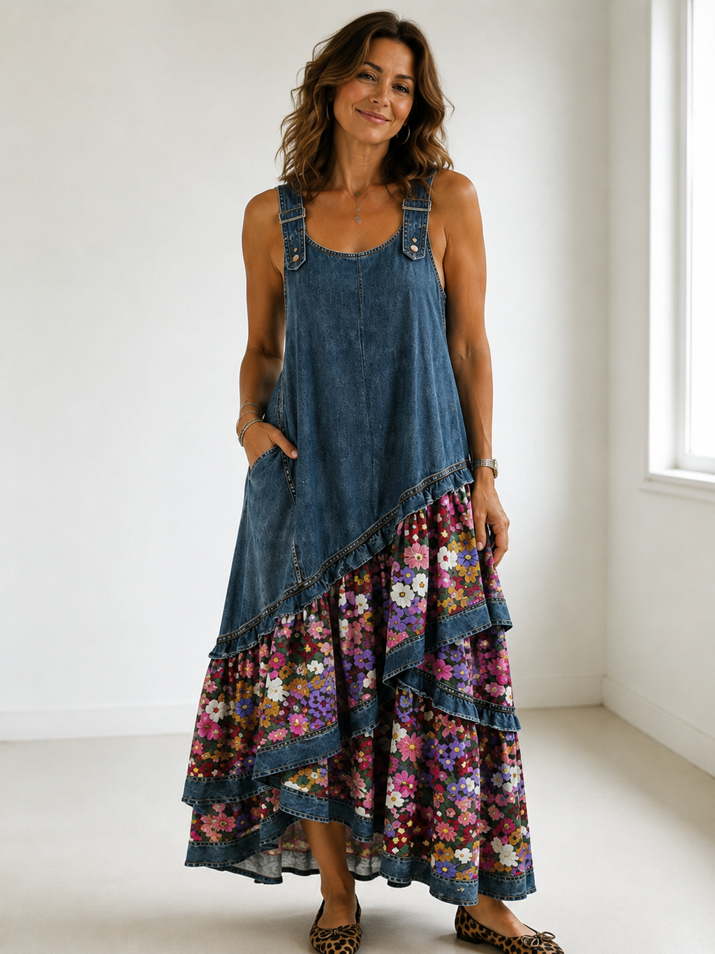 MAISON CHÉRIE | Vestido bohemio mujer con patchwork denim y estampado floral