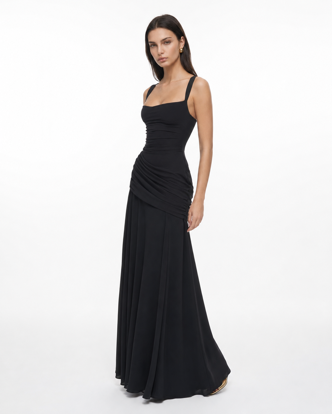 MAISON CHÉRIE | Vestido maxi mujer con escote cuadrado y drapeado lateral