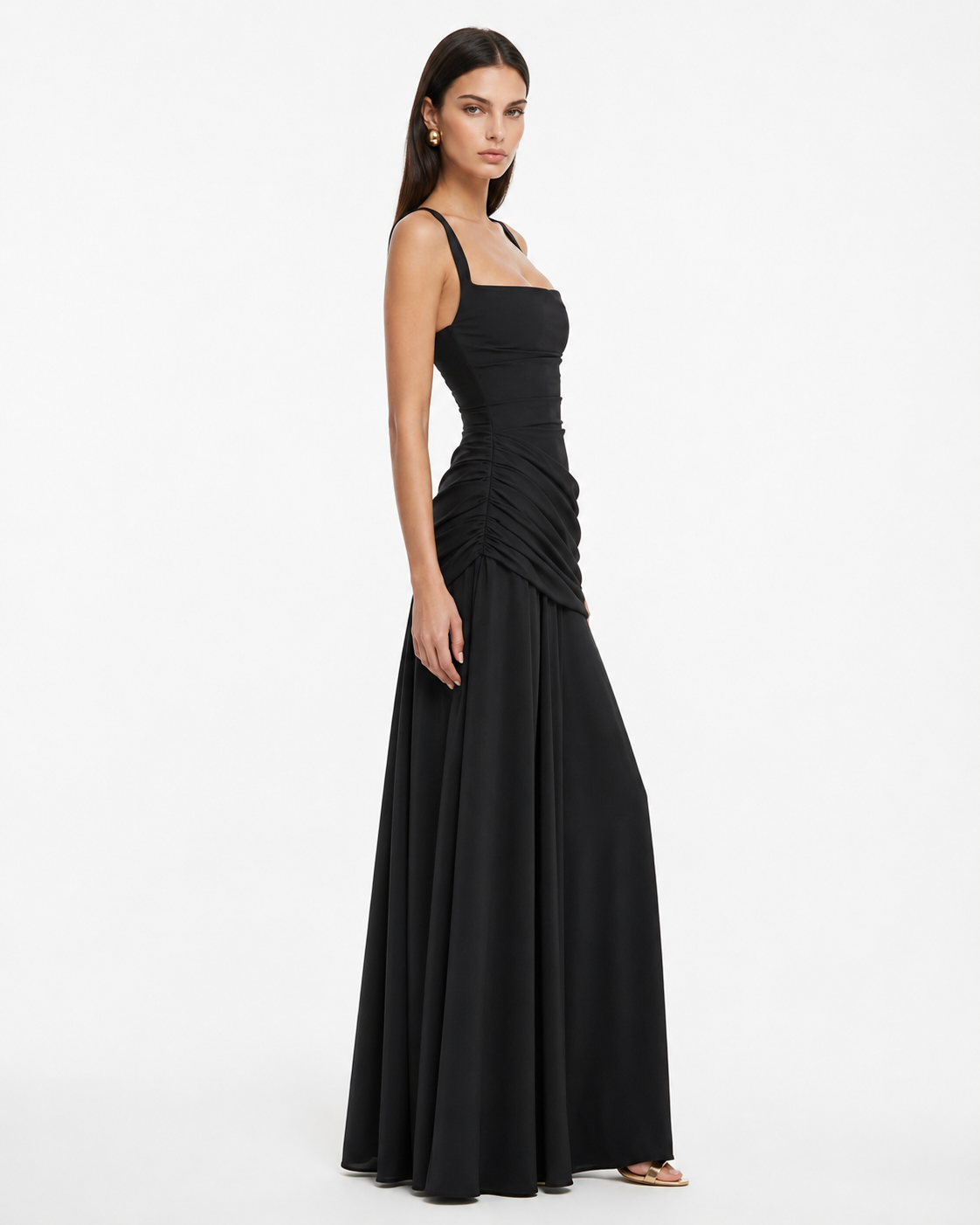 MAISON CHÉRIE | Vestido maxi mujer con escote cuadrado y drapeado lateral