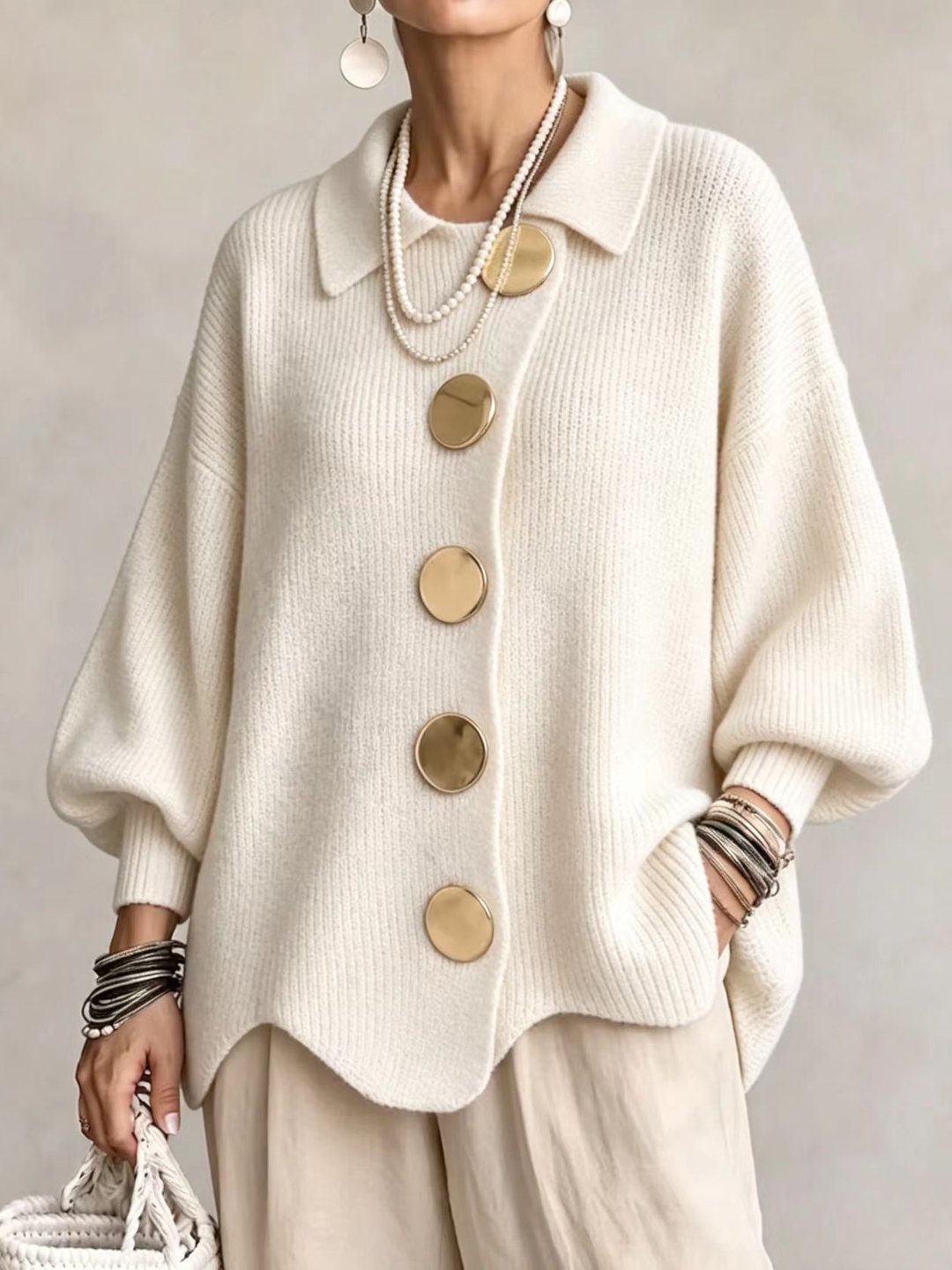 MAISON CHÉRIE | Cárdigan Oversize con Cuello y Botones Metálicos