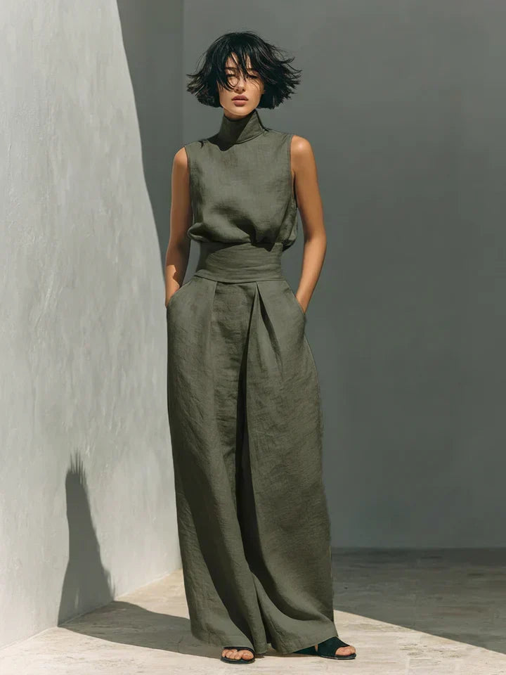 MAISON CHÉRIE | Fernanda | Conjunto Minimalista de Top y Pantalón de Pierna Ancha en Algodón y Lino para Mujer