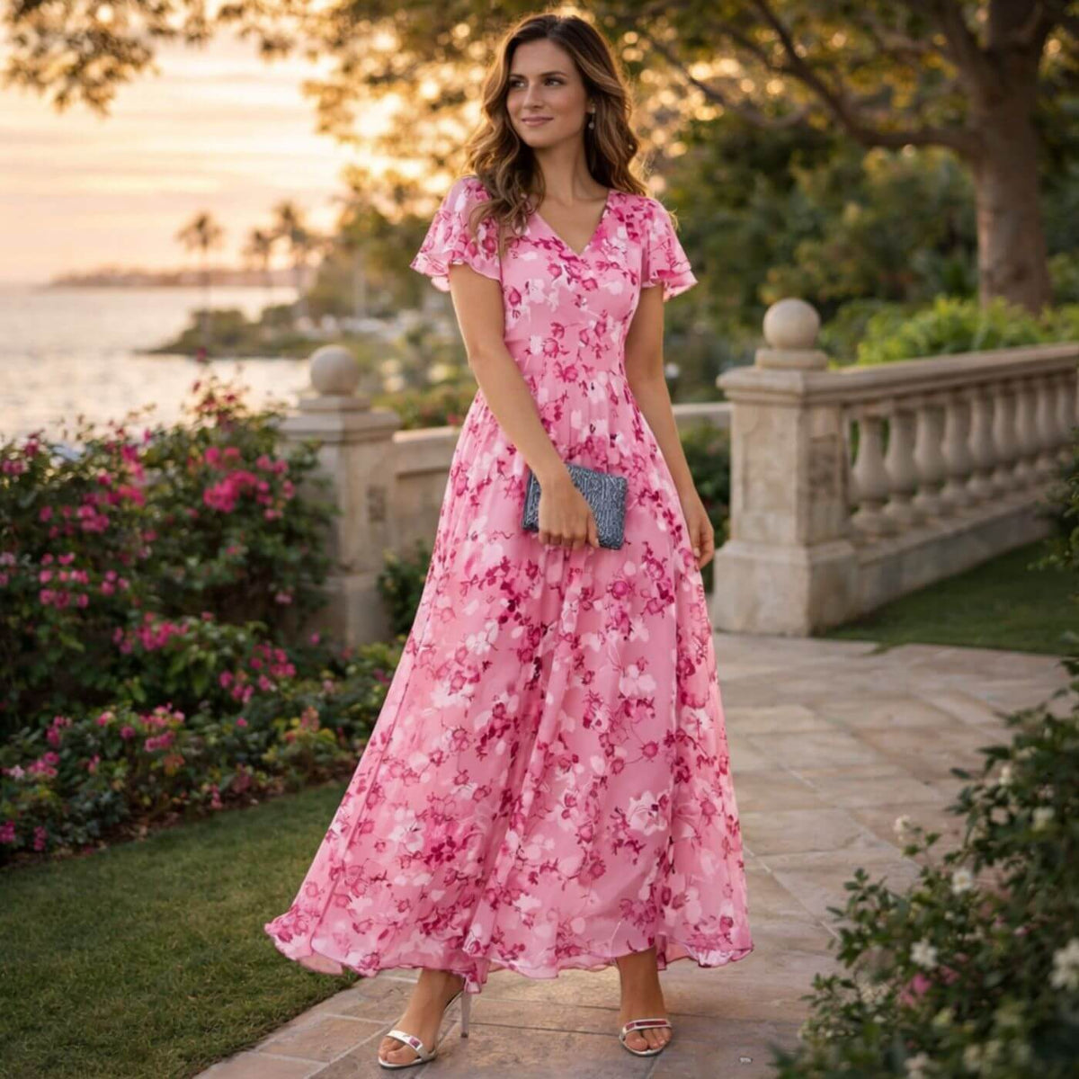 MAISON CHÉRIE | Vestido maxi mujer con estampado floral y escote en V
