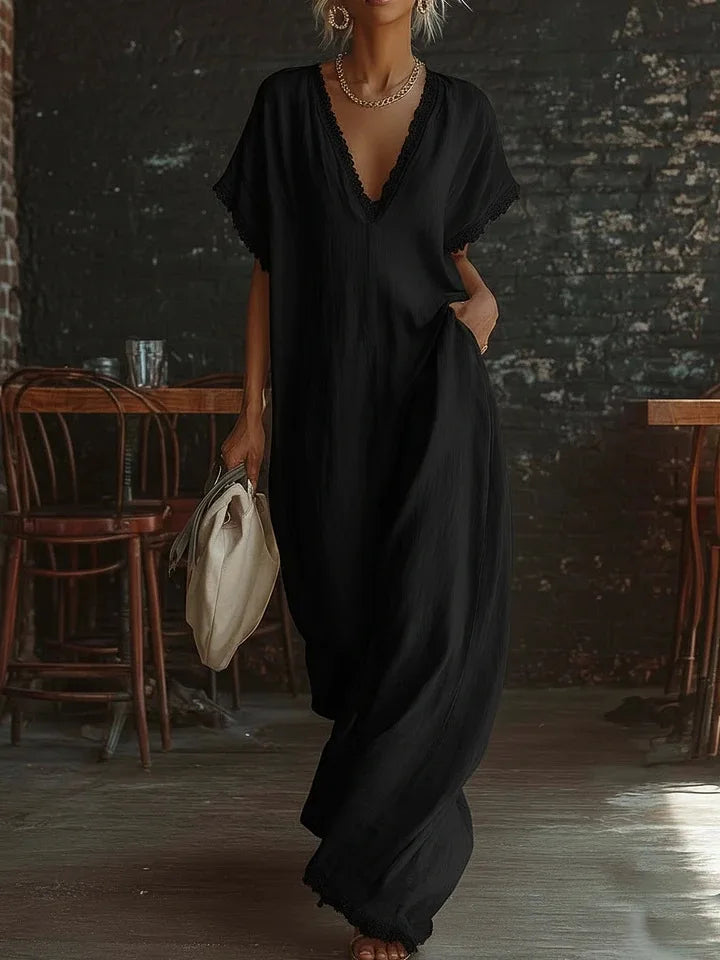 MAISON CHÉRIE | Vestido largo mujer con encaje y escote en V verano elegante
