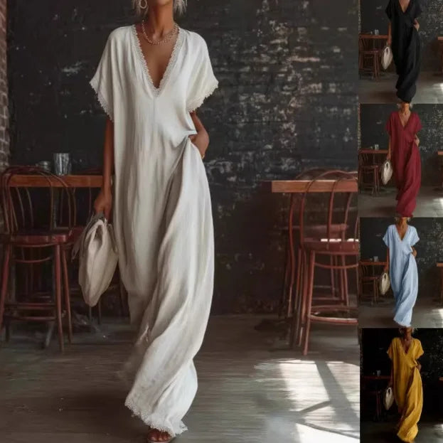 MAISON CHÉRIE | Vestido largo mujer con encaje y escote en V verano elegante