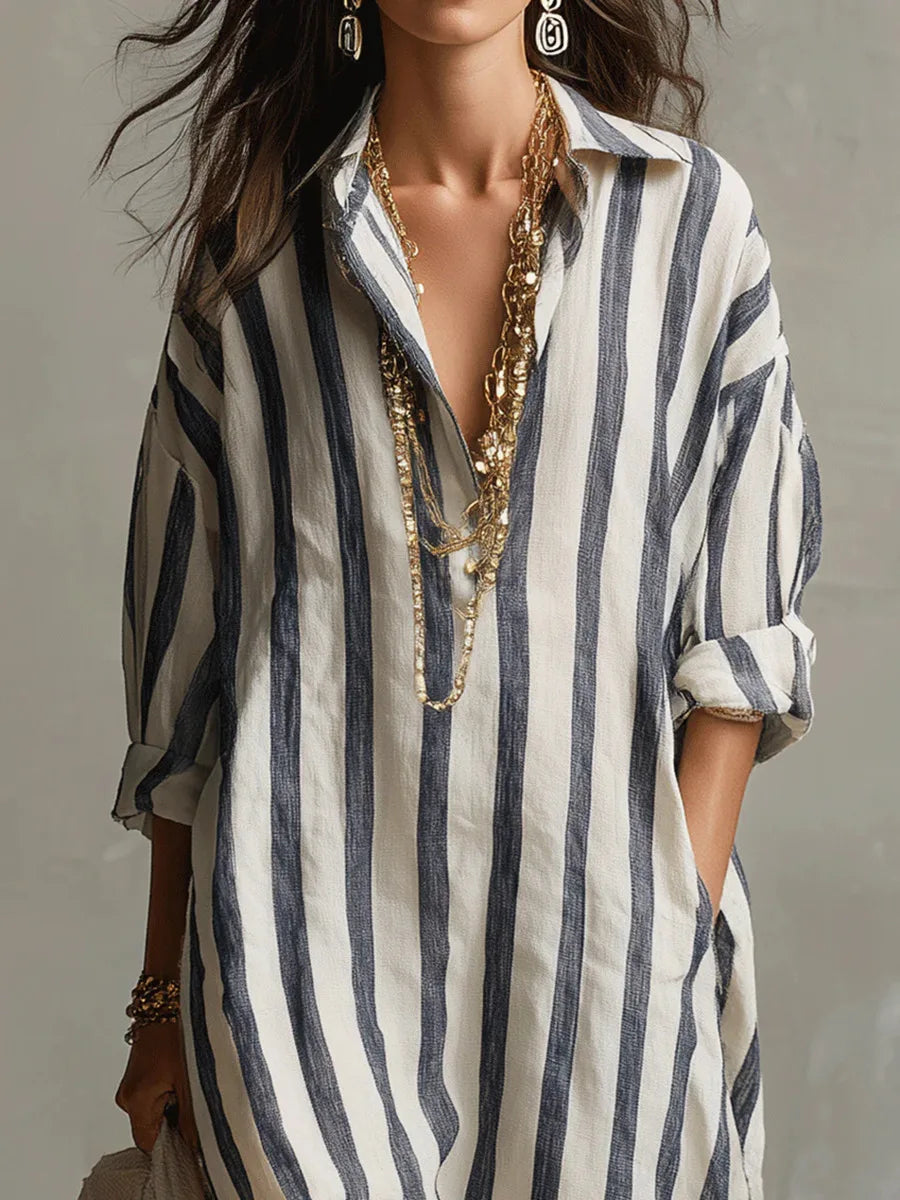 MAISON CHÉRIE | Vestido Camisero Largo Mujer – Diseño Rayado con Corte Fluido y Estilo Relajado