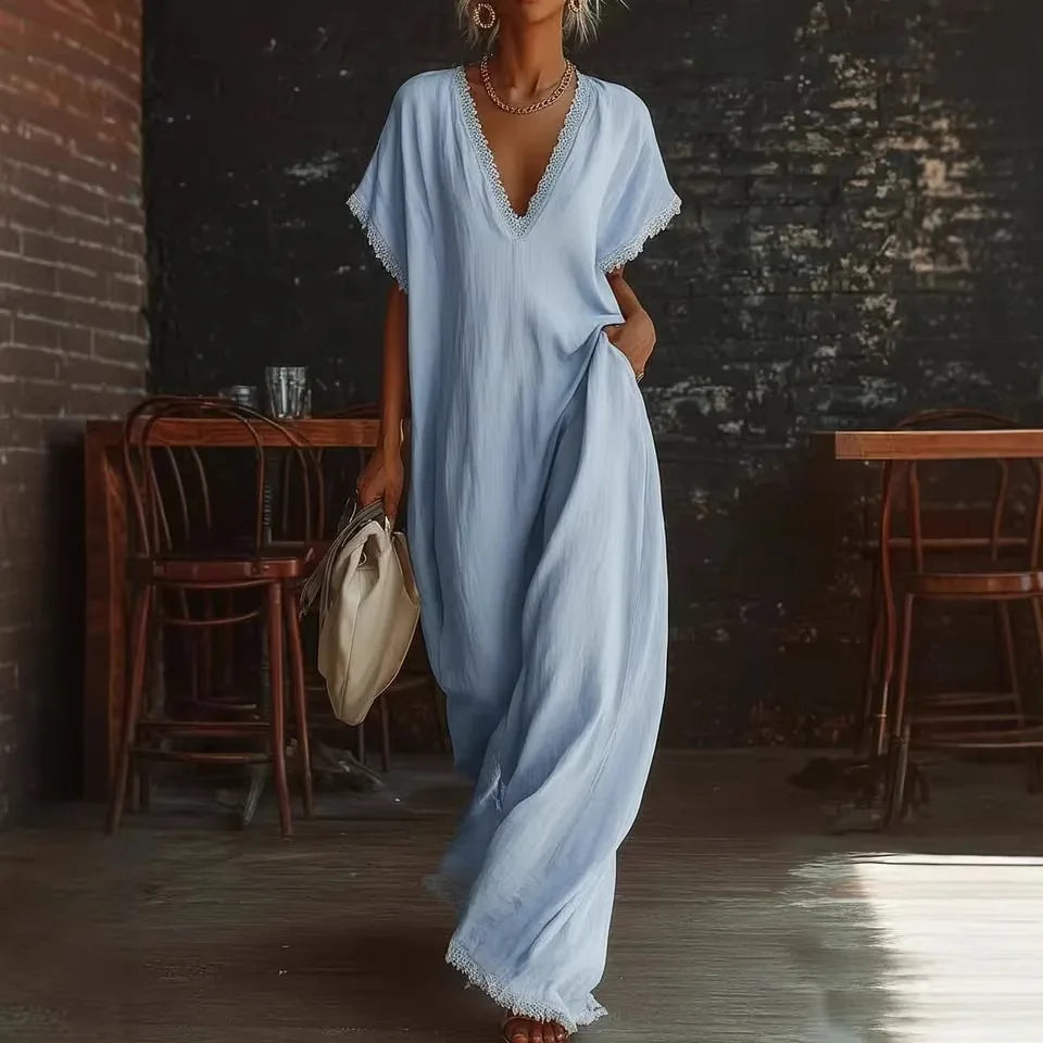 MAISON CHÉRIE | Vestido largo mujer con encaje y escote en V verano elegante