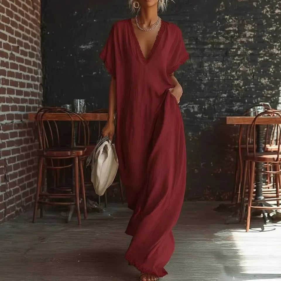 MAISON CHÉRIE | Vestido largo mujer con encaje y escote en V verano elegante