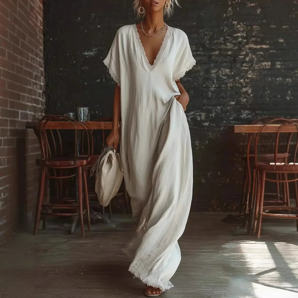 MAISON CHÉRIE | Vestido largo mujer con encaje y escote en V verano elegante