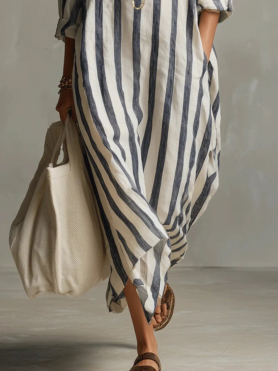 MAISON CHÉRIE | Vestido Camisero Largo Mujer – Diseño Rayado con Corte Fluido y Estilo Relajado