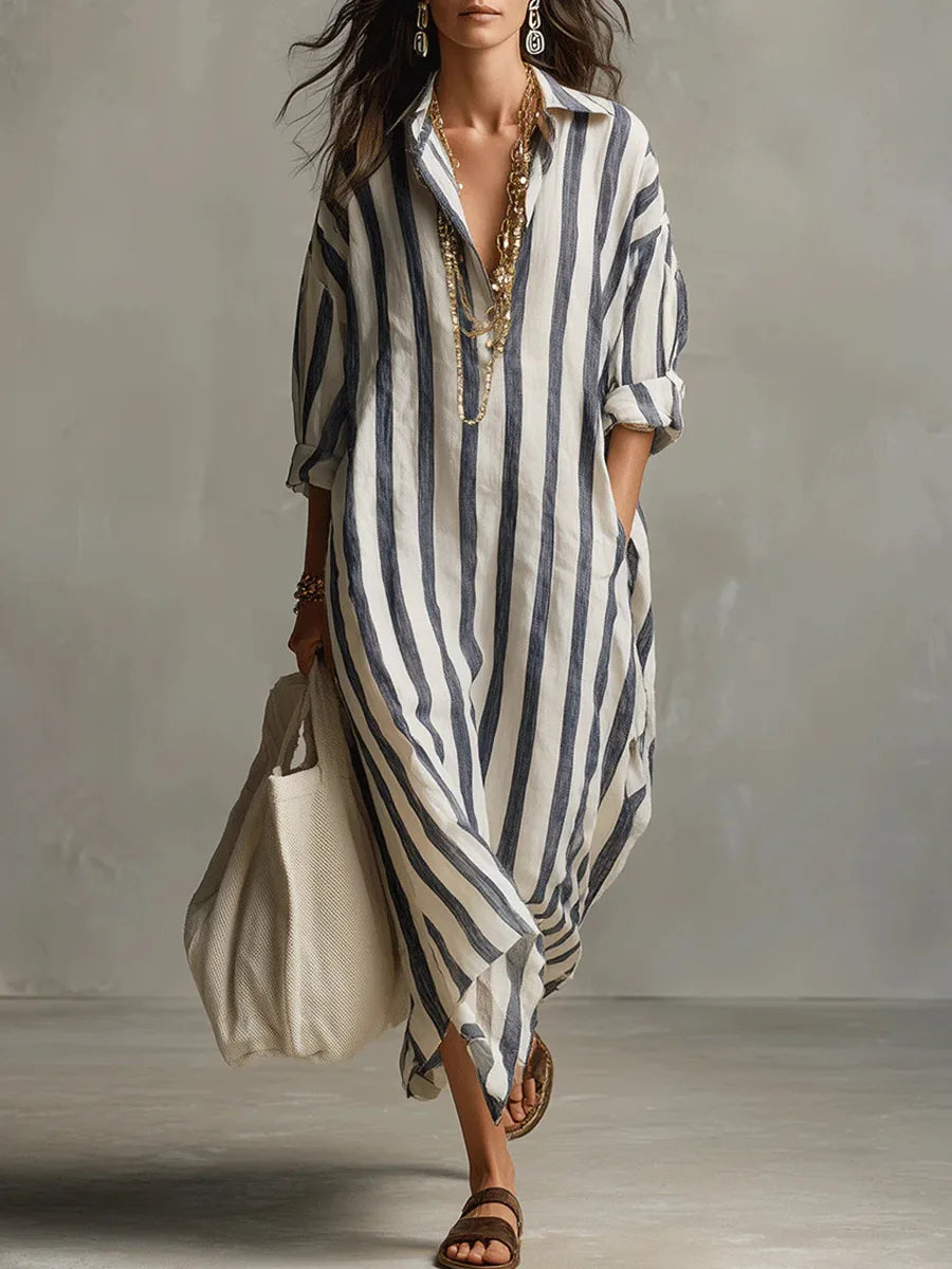 MAISON CHÉRIE | Vestido Camisero Largo Mujer – Diseño Rayado con Corte Fluido y Estilo Relajado