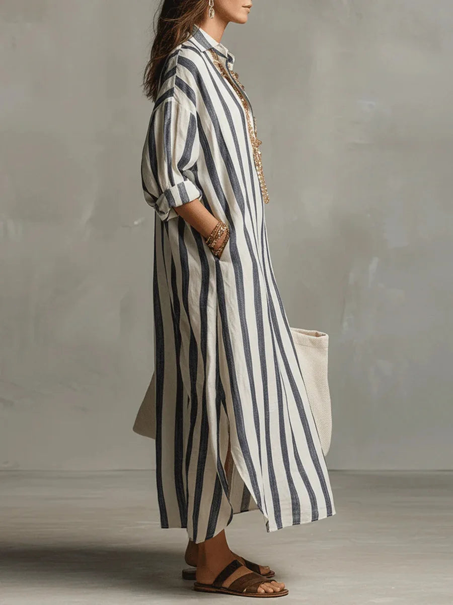 MAISON CHÉRIE | Vestido Camisero Largo Mujer – Diseño Rayado con Corte Fluido y Estilo Relajado