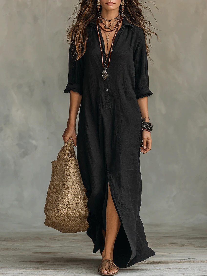 MAISON CHÉRIE | Vestido largo mujer fluido elegante con botones – vestido camisero ligero estilo atemporal