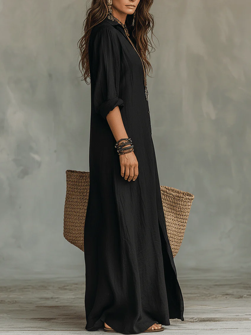 MAISON CHÉRIE | Vestido largo mujer fluido elegante con botones – vestido camisero ligero estilo atemporal