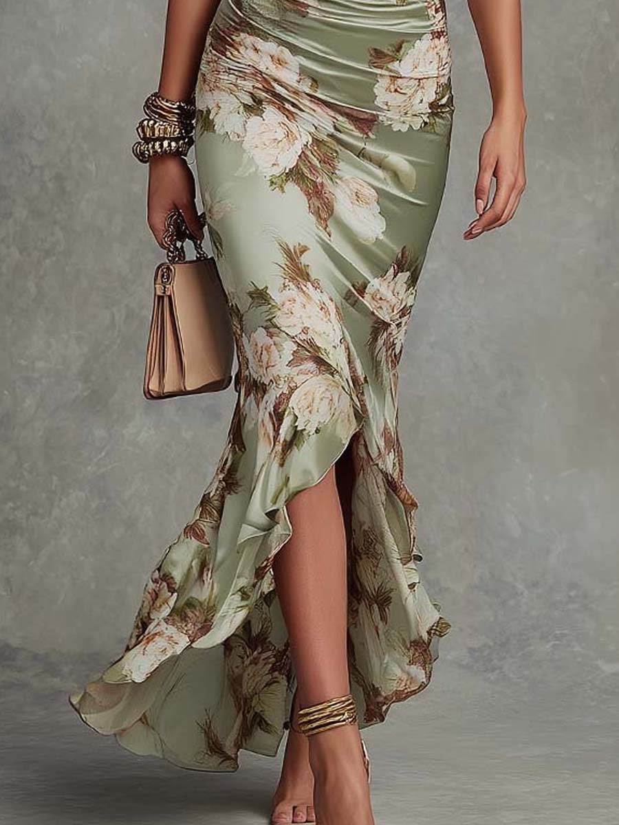 MAISON CHÉRIE | Vestido largo de satén para mujer con estampado floral y escote en V