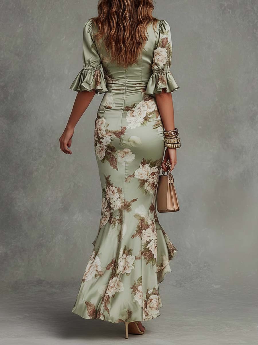 MAISON CHÉRIE | Vestido largo de satén para mujer con estampado floral y escote en V