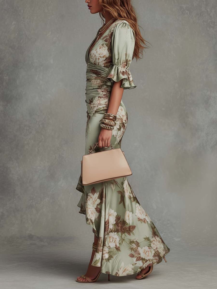 MAISON CHÉRIE | Vestido largo de satén para mujer con estampado floral y escote en V