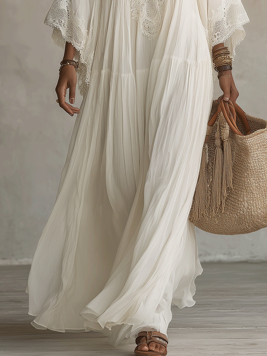 MAISON CHÉRIE | Vestido maxi de mujer con encaje y escote en V bohemio fluido