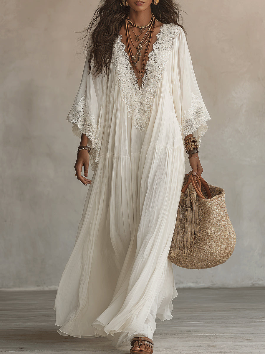 MAISON CHÉRIE | Vestido maxi de mujer con encaje y escote en V bohemio fluido