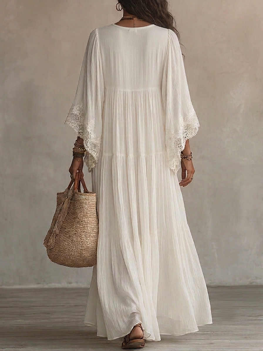MAISON CHÉRIE | Vestido maxi de mujer con encaje y escote en V bohemio fluido