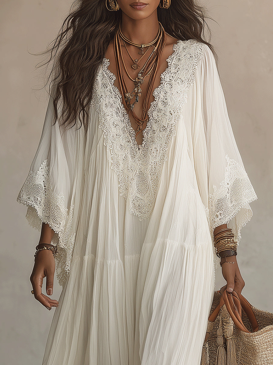 MAISON CHÉRIE | Vestido maxi de mujer con encaje y escote en V bohemio fluido