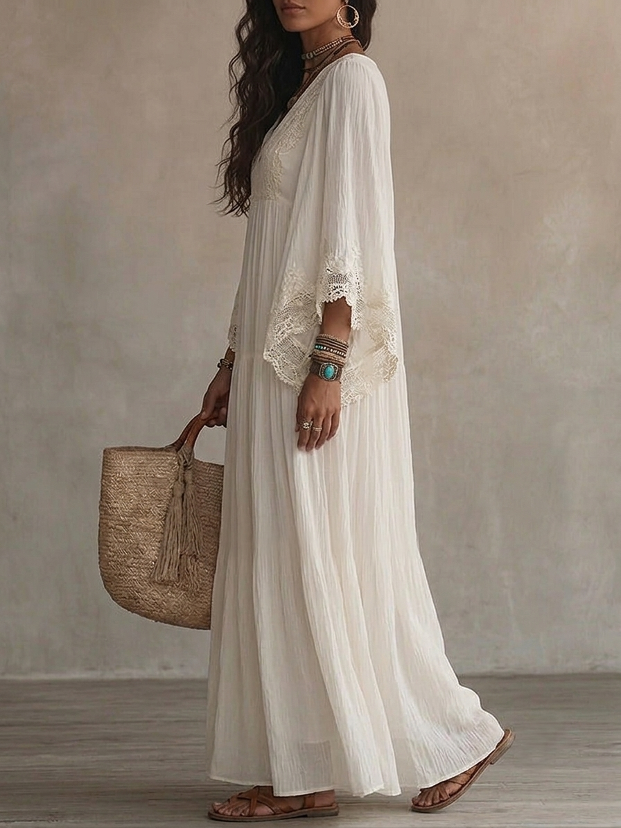MAISON CHÉRIE | Vestido maxi de mujer con encaje y escote en V bohemio fluido