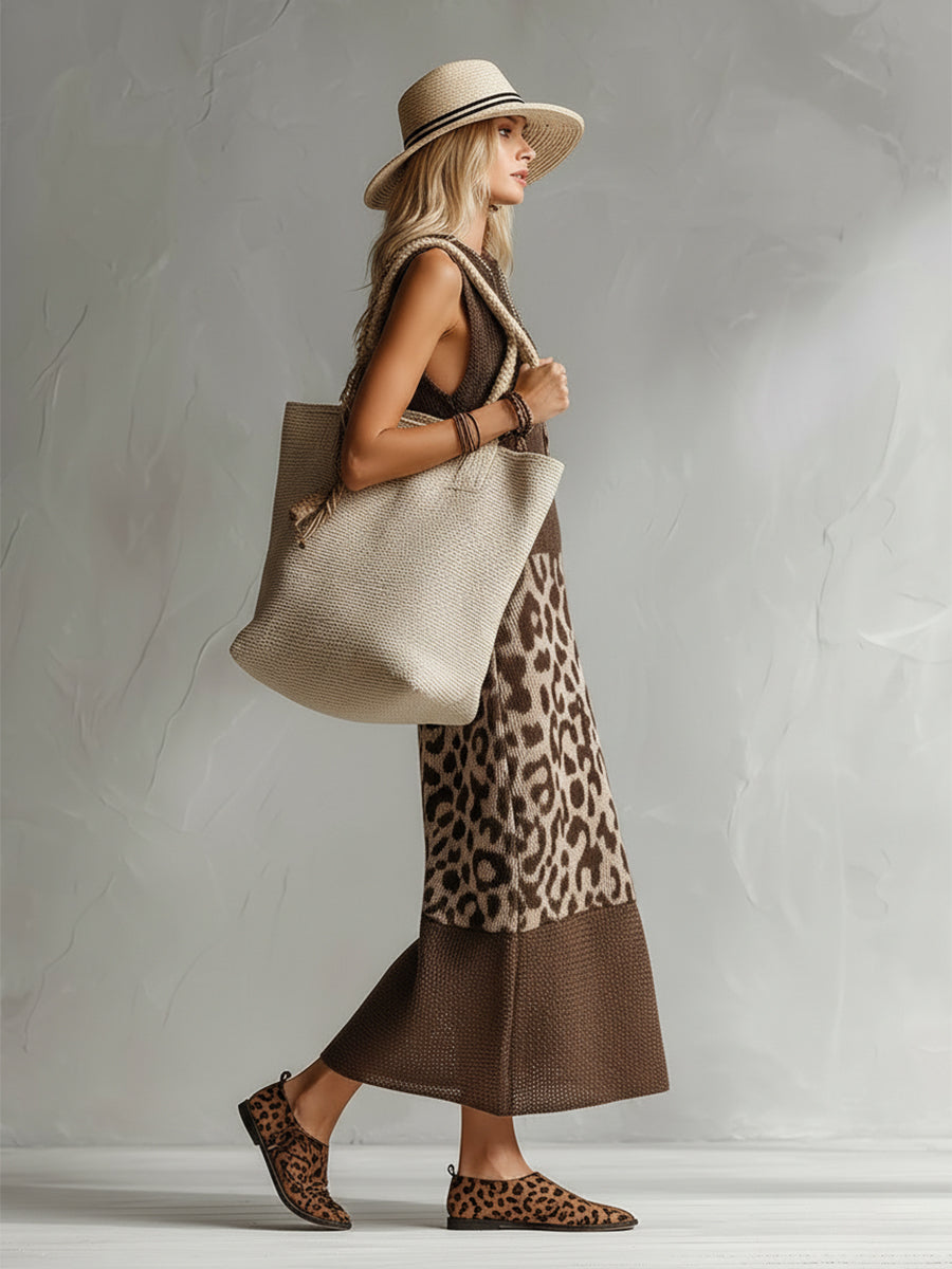 MAISON CHÉRIE | Vestido largo mujer punto sin mangas estampado leopardo cuello alto