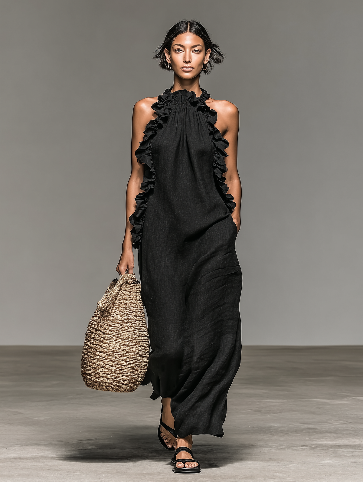 MAISON CHÉRIE | Vestido maxi mujer sin mangas con volantes y bolsillos