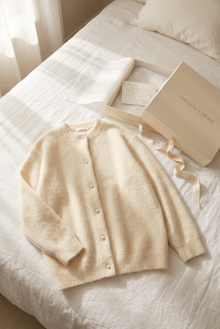 Cardigan Carla flat lay cama packaging