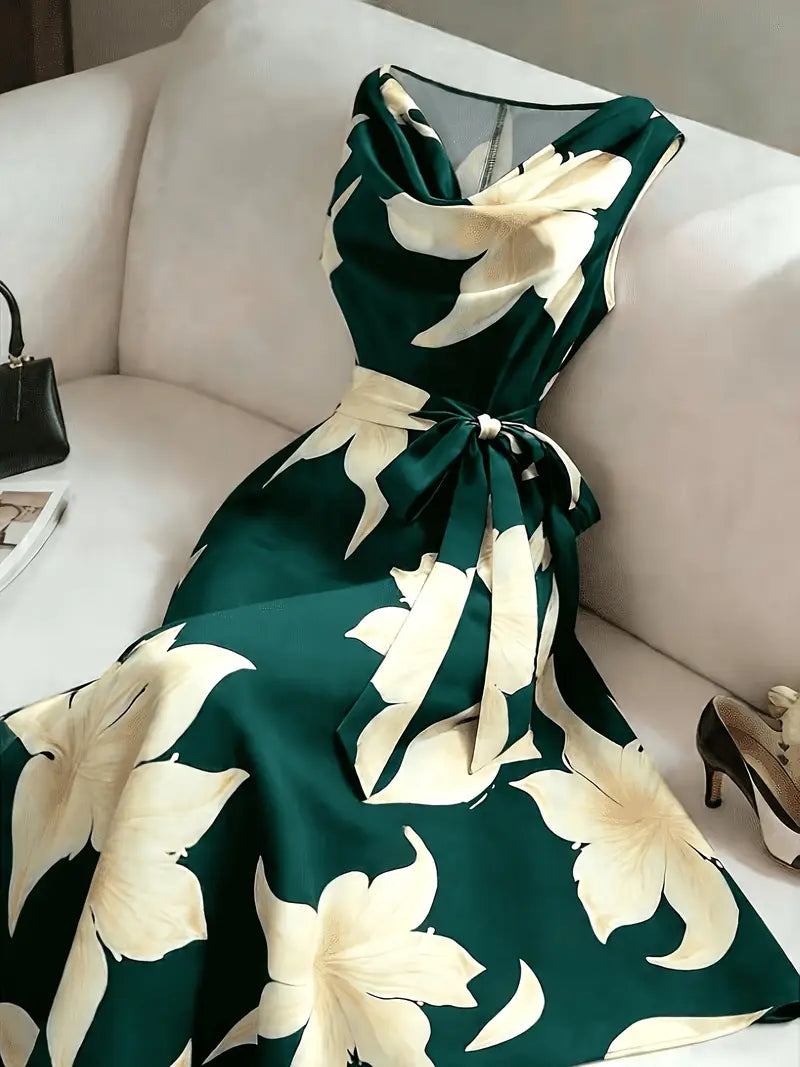 MAISON CHÉRIE | Vestido midi floral para mujer sin mangas con cintura atada