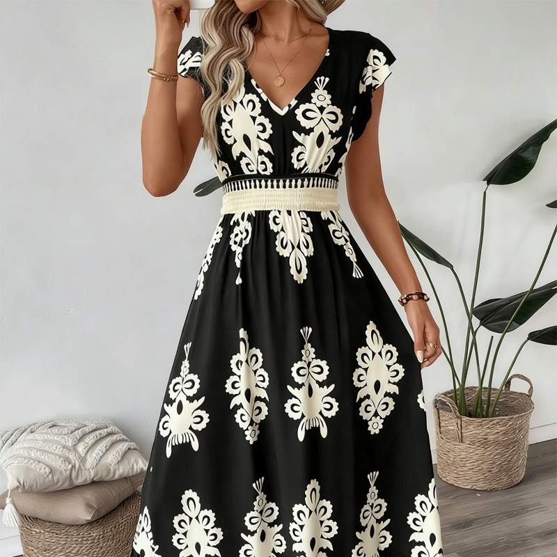 MAISON CHÉRIE | Vestido largo para mujer con estampado barroco y escote en V