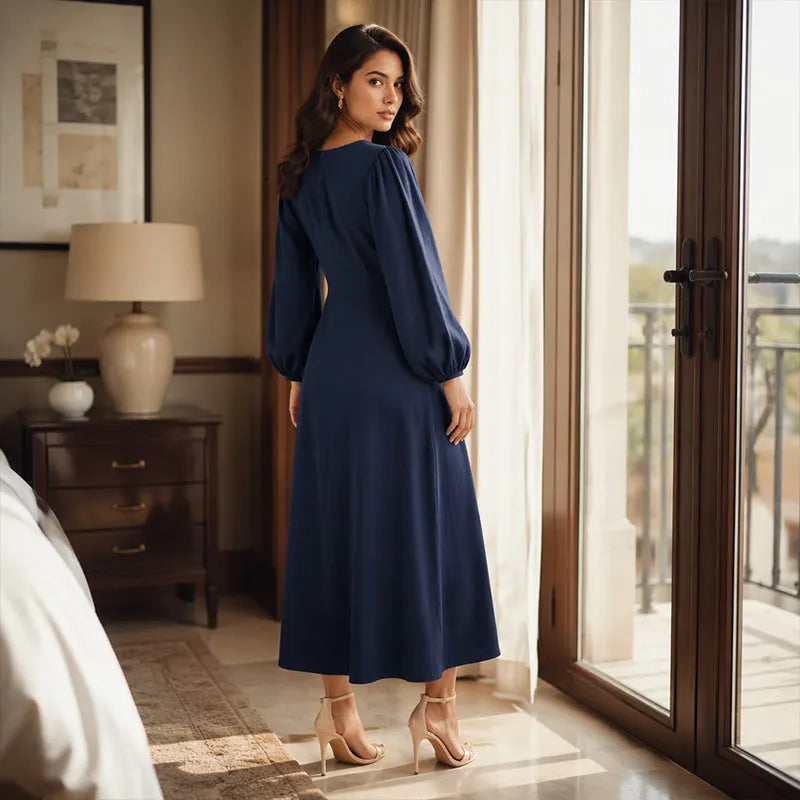 MAISON CHÉRIE | Vestido maxi mujer con escote en V y mangas abullonadas