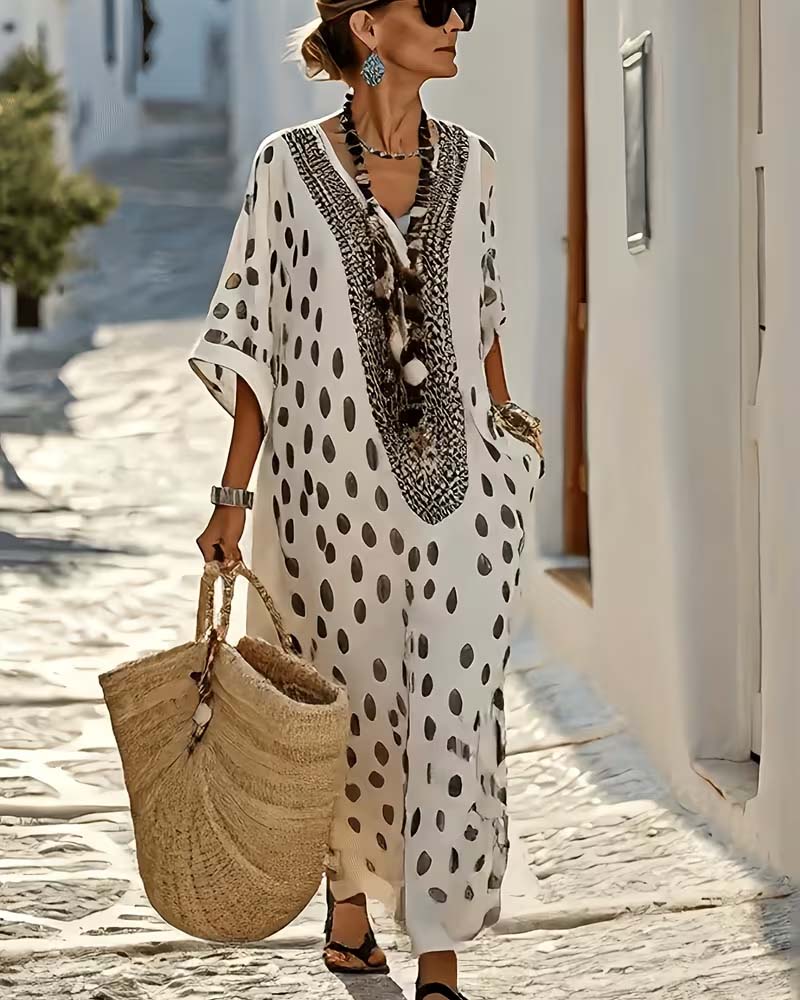 MAISON CHÉRIE | Maxi Vestido Kaftán Lunares Cuello V Bordado Étnico