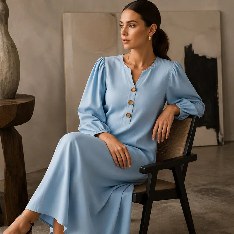MAISON CHÉRIE | Vestido maxi mujer con escote en V y mangas abullonadas