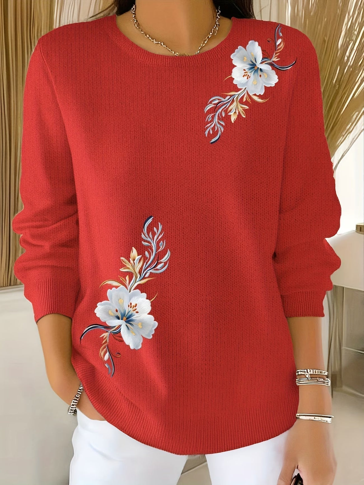 MAISON CHÉRIE | Suéter de mujer con flores estampadas y cuello redondo casual