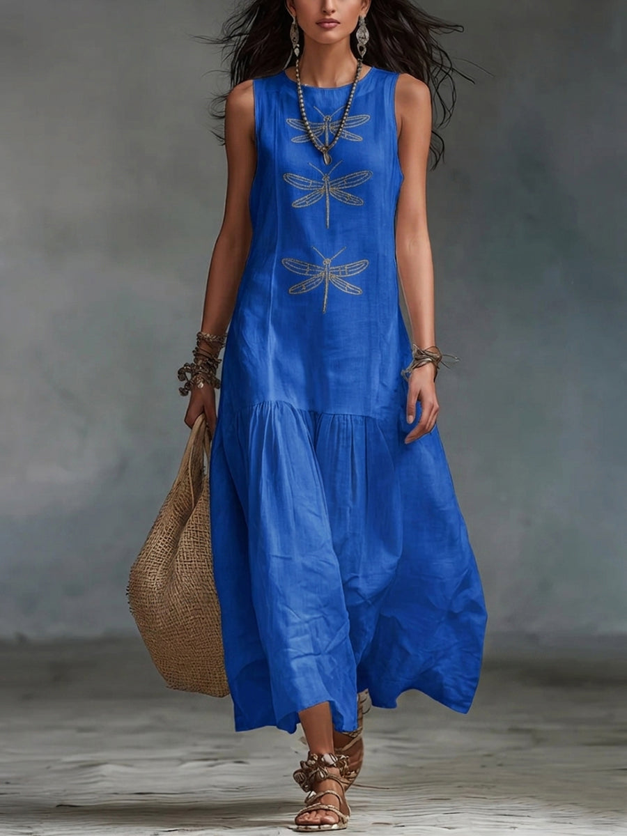 MAISON CHÉRIE | Vestido largo de algodón y lino con bordado de libélulas
