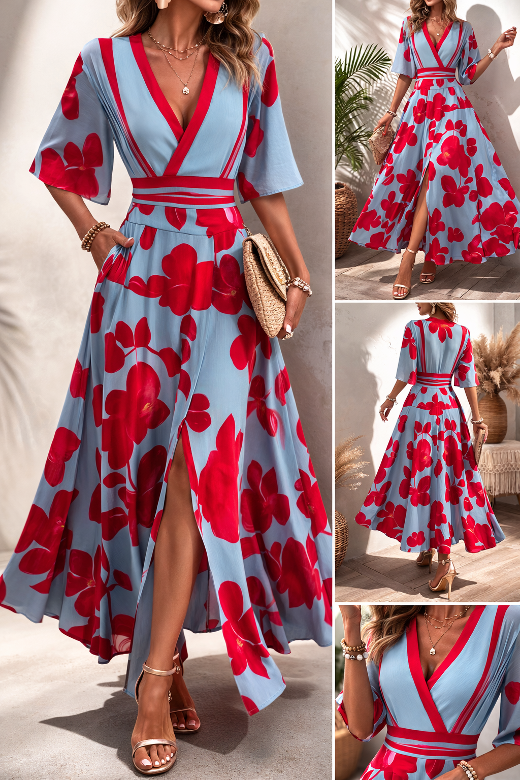 MAISON CHÉRIE | Vestido Largo Mujer Floral Elegante – Escote V y Cintura Ajustable