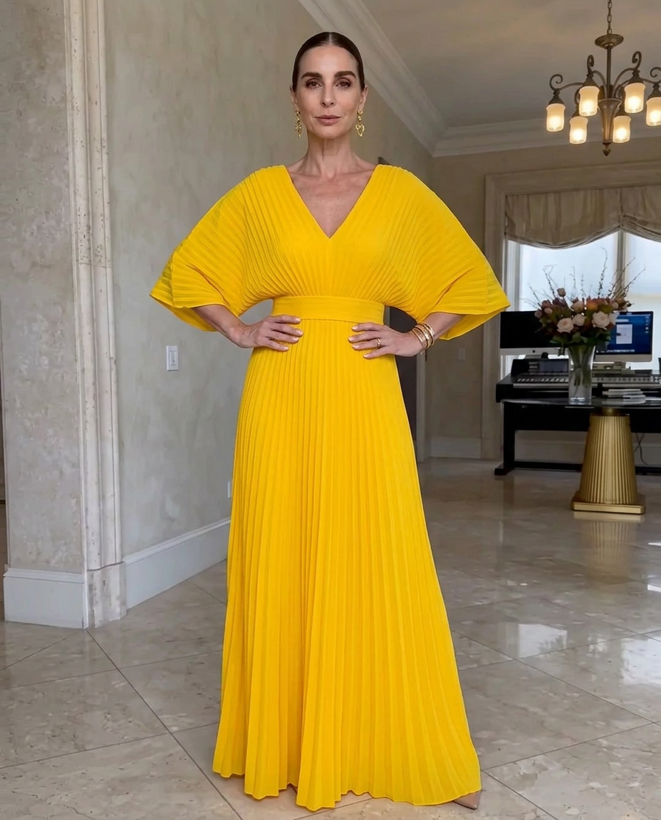 MAISON CHÉRIE | Vestido plisado mujer con mangas fluidas y escote en V