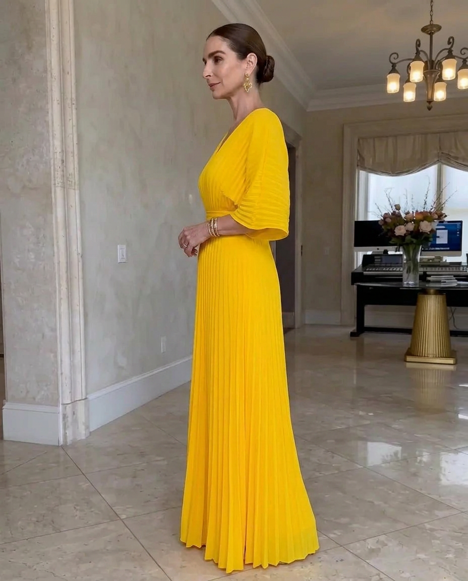 MAISON CHÉRIE | Vestido plisado mujer con mangas fluidas y escote en V