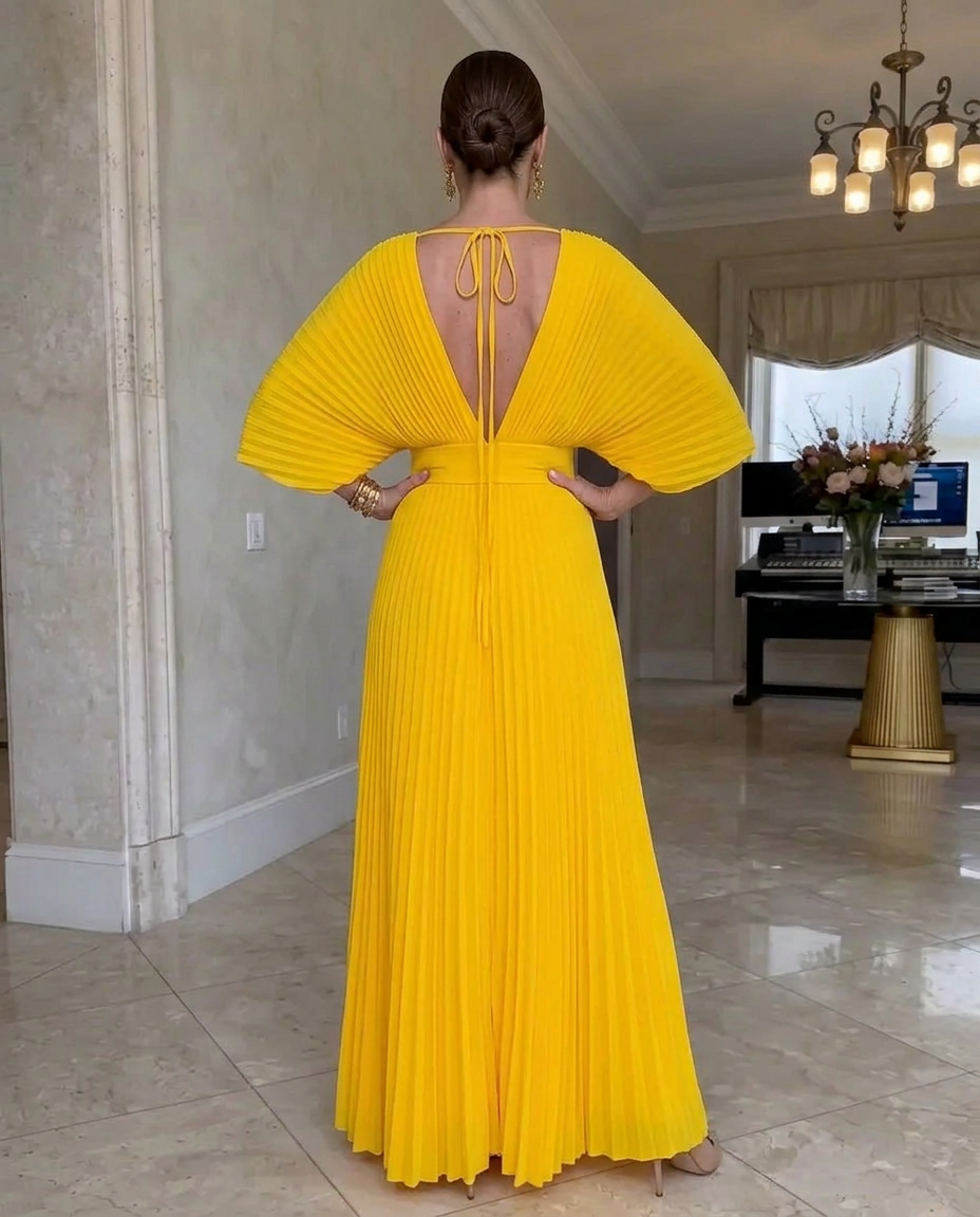 MAISON CHÉRIE | Vestido plisado mujer con mangas fluidas y escote en V