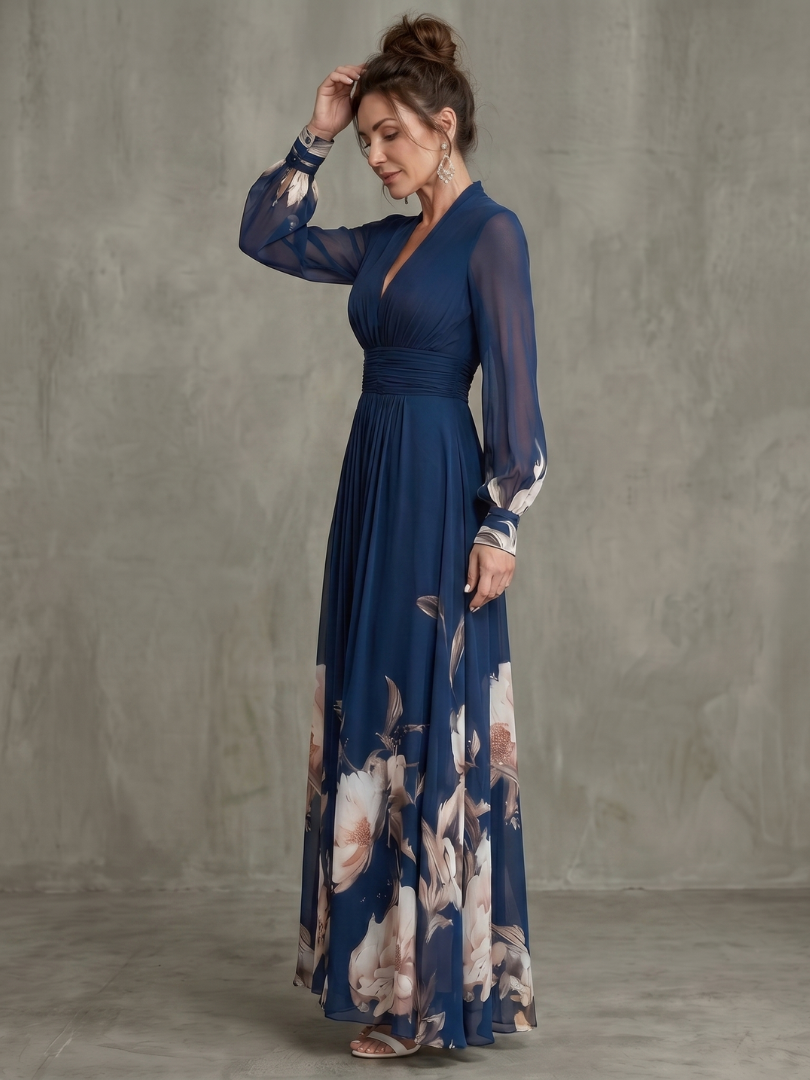 MAISON CHÉRIE | Vestido maxi de mujer con mangas transparentes y estampado floral